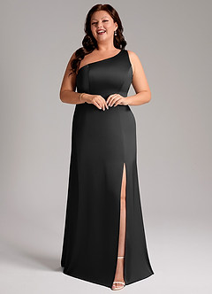 Azazie Phaedra Bridesmaid Dresses Black A-Line One Shoulder Stretch Satin Dress image7