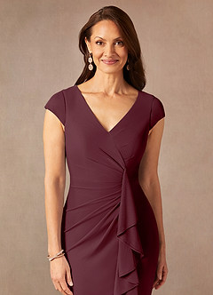 Azazie Renetta Mother of the Bride Dresses Cabernet Sheath V-Neck Pleated Mesh Dress image6