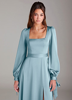 Azazie Leonia Bridesmaid Dresses Moody Blue A-Line Long Sleeve Stretch Satin Dress image6