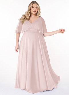 Azazie Pamela Robes de demoiselle d'honneur Robe Trapèze en Mousseline de soie Col V plissé Rose Pâle image15
