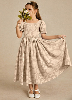 Azazie Joss Flower Girl Dresses Champagne A-Line with Sleeves Floral Burnout Dress image1