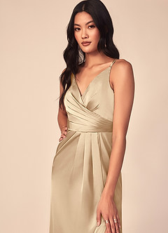 Azazie Aqua Bridesmaid Dresses Champagne A-Line V-Neck Pleated Stretch Satin Dress image6