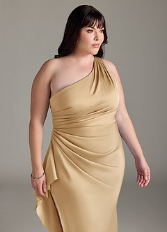 Azazie Latrice Bridesmaid Dresses Gold Sheath One Shoulder Cascading Ruffles Stretch Satin Dress image11