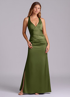 Azazie Amelie Abiti da Damigella Abito A-Line in Raso Elasticizzato Plissettato Oliva image1