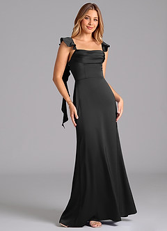 Azazie Adi Bridesmaid Dresses Black A-Line Pleated Stretch Satin Dress image5