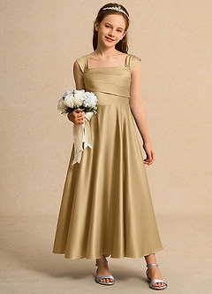 Azazie Bundle Girls Formal Flower Girl Dresses Gold A-Line Pleated Matte Satin Dress image3