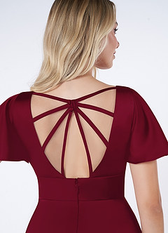 Azazie Lani Bridesmaid Dresses Burgundy A-Line Flounce Sleeve Stretch Satin Dress image3