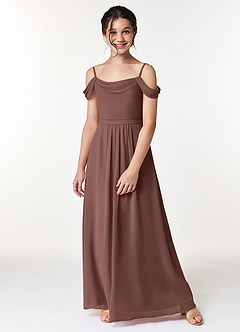 Azazie Alivia Junior Espresso A-Line Off the Shoulder Chiffon Dress image5