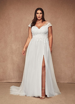 Azazie Bellisima Vestidos de novia Vestido de Diamante Blanco de Tul de Corte en A con Cuello en V image1