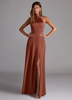 Azazie Myra Bridesmaid Dresses Clay A-Line Side Slit Stretch Satin Dress image3