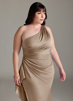 Azazie Latrice Brautjungfernkleider Etui Kaskadierende Rüschen an einer Schulter Stretch-Satin Kleid Taupe image11