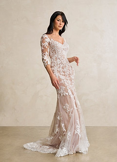 Azazie Neela Final Sale Diamond White Mocha Mermaid V-Neck Lace Tulle Dress image3