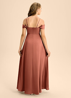 Azazie Anselie Junior Jurk van Stretch Satijn met A-Lijn Off the Shoulder Klei image1