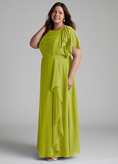 Azazie Aaliyah Bescheiden Bruidsmeisjekleding A-Lijn Bocht Gevouwen Chiffon Vloerlengte Jurk image7