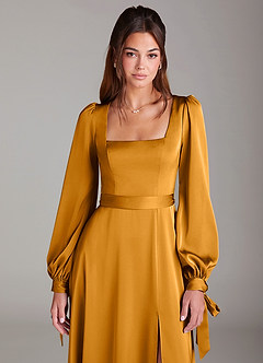 Azazie Leonia Bridesmaid Dresses Butterscotch A-Line Long Sleeve Stretch Satin Dress image6
