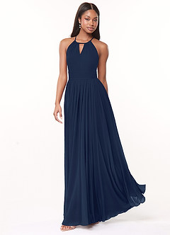 Azazie Cherish Robes de demoiselle d'honneur Robe Trapèze en Mousseline de soie Plissée Bleu Marine Foncé image3