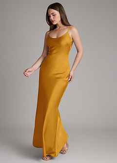 Azazie Ambra Bridesmaid Dresses Butterscotch Mermaid Pleated Stretch Satin Dress image3