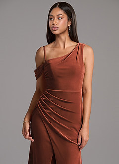 Azazie Madelyn Bridesmaid Dresses Terracotta Sheath One Shoulder Velvet Dress image2