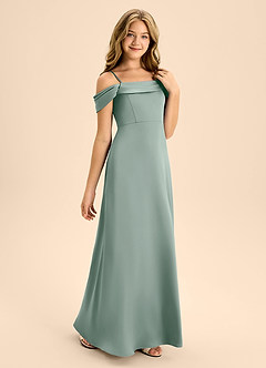Azazie Anselie Junior Silver Sage A-Line Off the Shoulder Stretch Satin Dress image5