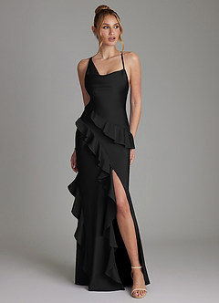 Azazie Jayda 신부 들러리 드레스 A라인 셔링 스트레치 새틴 바닥 길이 드레스 image1