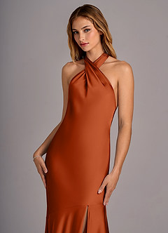 Azazie Lorena Bridesmaid Dresses Burnt Orange Mermaid Pleated Stretch Satin Dress image6