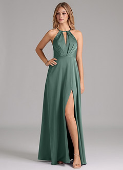 Azazie Evalleen Bridesmaid Dresses Eucalyptus A-Line Pleated Stretch Satin Dress image1