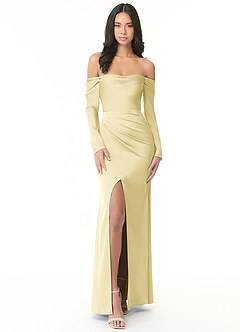 Azazie Hallie Bridesmaid Dresses Lemon Sorbet Mermaid Off-The-Shoulder Long Sleeve Stretch Satin Convertible Dress image4