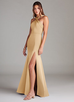Azazie Rue Brautjungfernkleider A-Linie Plissee Stretch-Satin Kleid Gold image5