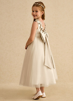 Azazie Lilli Robe Demoiselle D'honneur Fillette Robe Trapèze en Tulle Arc Champagne Champagne image4