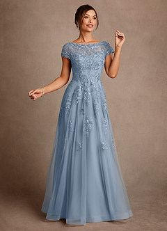 Azazie Jalinda vestidos de madre de la novia Vestido de Azul Polvoriento de Gasa de Corte en A con Encaje image3