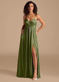Azazie Alia Bridesmaid Dresses Olive A-Line Pleated Metallic Satin Dress image1