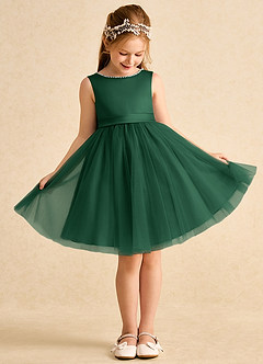 Azazie Jani Flower Girl Dresses Dark Green A-Line Bow Tulle Dress image2