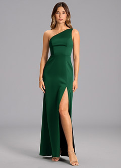 Azazie Phaedra Bridesmaid Dresses Dark Green A-Line One Shoulder Stretch Satin Dress image1