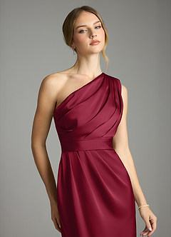 Azazie Emorie Bridesmaid Dresses Burgundy Sheath One Shoulder Stretch Satin Dress image2