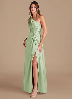 Azazie Brooke Bridesmaid Dresses Dusty Sage A-Line One Shoulder Metallic Satin Dress image4