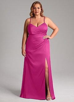 Azazie Azuree Bridesmaid Dresses Fuchsia A-Line Pleated Stretch Satin Dress image3