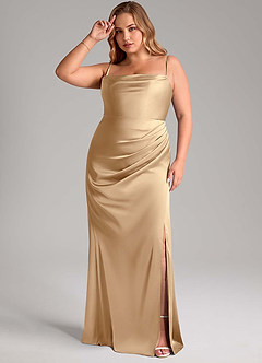 Azazie Leonis Vestidos de damas de honor Vestido de Champán de Satén Elástico de Corte Sirena Convertible con Plisado image11
