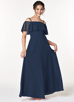 Azazie Maggie Junior Dark Navy A-Line Off the Shoulder Chiffon Dress image1