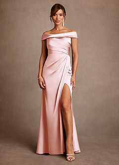 Azazie Bedford 신부의 어머니 드레스 쉬스 주름진 스트레치 새틴 플로어 길이 드레스 image1