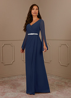Azazie Belinda Mother of the Bride Dresses Dark Navy A-Line V-Neck Pleated Chiffon Dress image1
