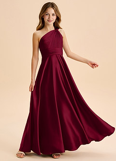 Azazie Charlize Junior Burgundy A-Line Pleated Stretch Satin Dress image5