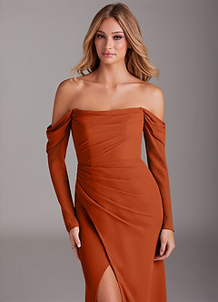 Azazie Hallie Robes de demoiselle d'honneur Robe Sirène en Mousseline de soie Manche longue Orange Brûlée image5