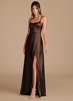 Azazie Halsey Bridesmaid Dresses Ganache A-Line Side Slit Metallic Satin Dress image4