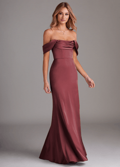 Azazie Saige Bridesmaid Dresses Merlot Sheath Off the Shoulder Stretch Satin Dress image6