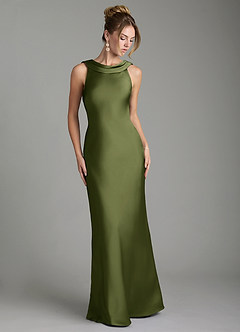 Azazie Aussie Bridesmaid Dresses Olive Sheath Pleated Stretch Satin Dress image1