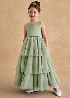 Azazie Megallie Flower Girl Dresses Dusty Sage A-Line Bow Tulle Dress image2
