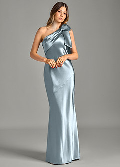 Azazie Yuanna Brudtärnklänningar Klä av Sjöjungfru i Metallisk satin Ena axeln Dammblå image3