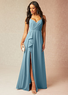 Azazie Kyedae Bridesmaid Dresses Moody Blue A-Line V-Neck Pleated Chiffon Dress image1