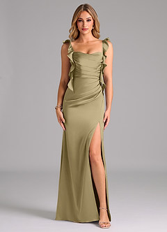Azazie Jessamine Bridesmaid Dresses Moss Green A-Line Corset Stretch Satin Dress image3
