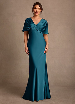 Azazie Dosia Vestidos para mãe da noiva Vestido Tinta Azul de Cetim elástico de Bainha com Plissado image1